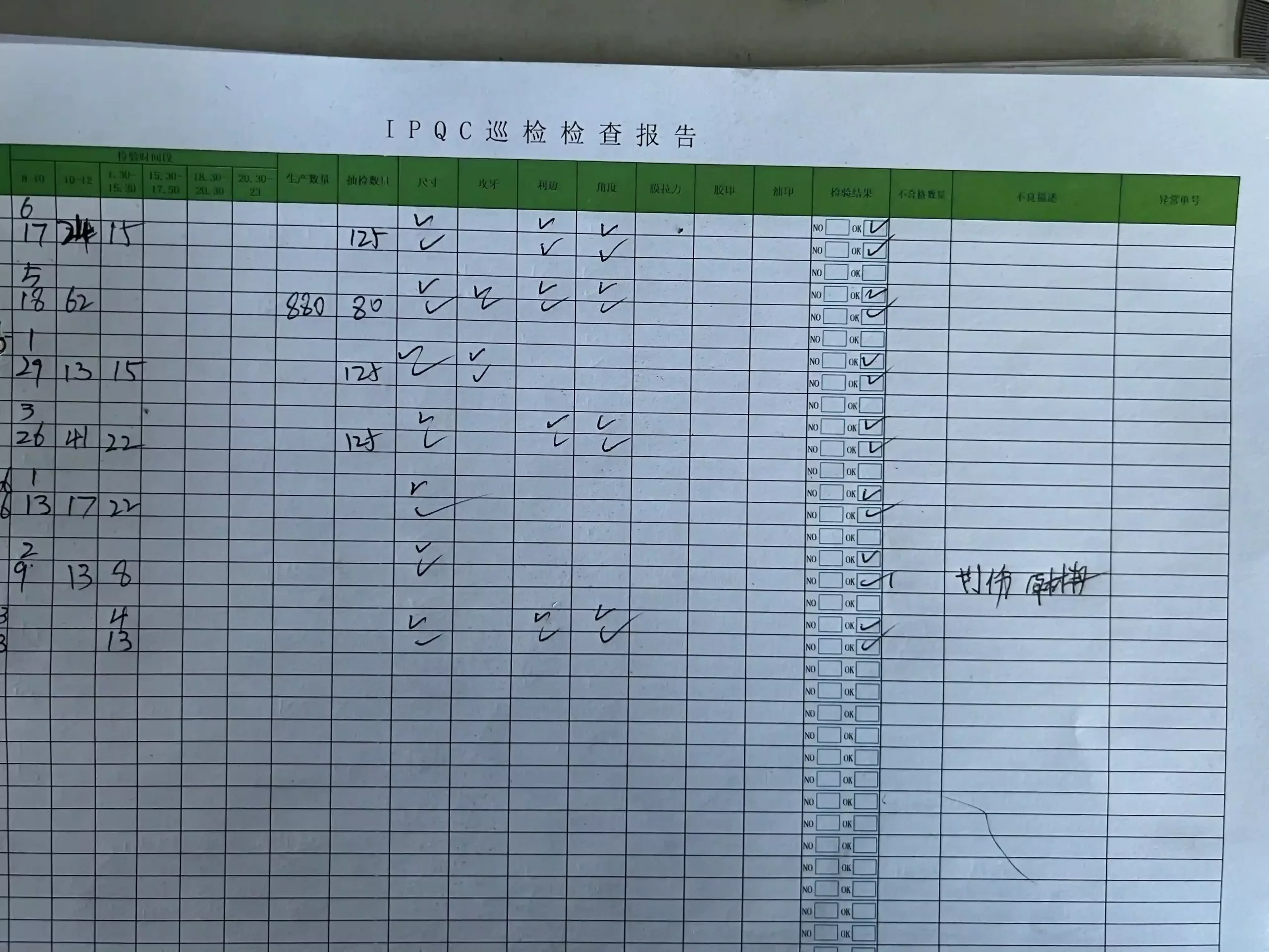 検査報告書の部分拡大図