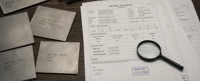 工場検査台の上のMaterial Test Reportと金属板サンプル