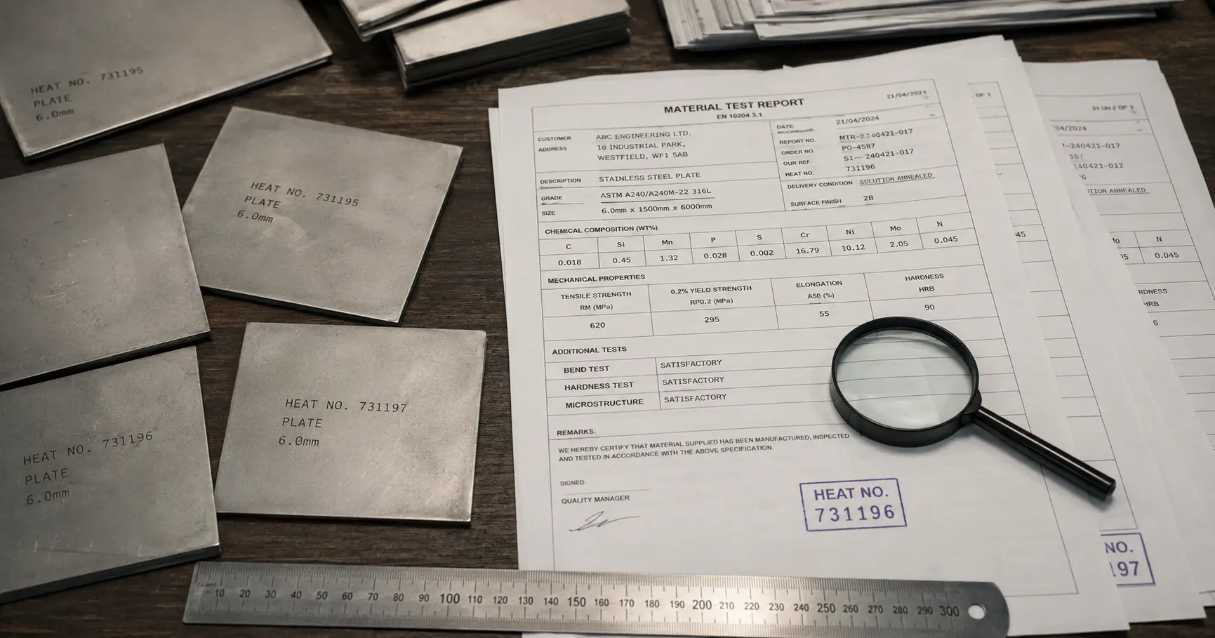 工場検査台の上のMaterial Test Reportと金属板サンプル