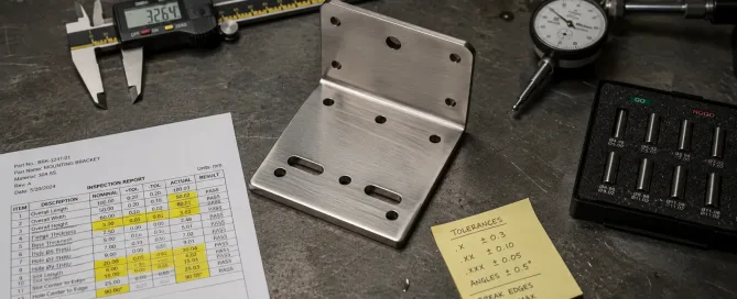 ノギス、ゲージ、寸法報告書に囲まれた検査作業台の上の板金ブラケット