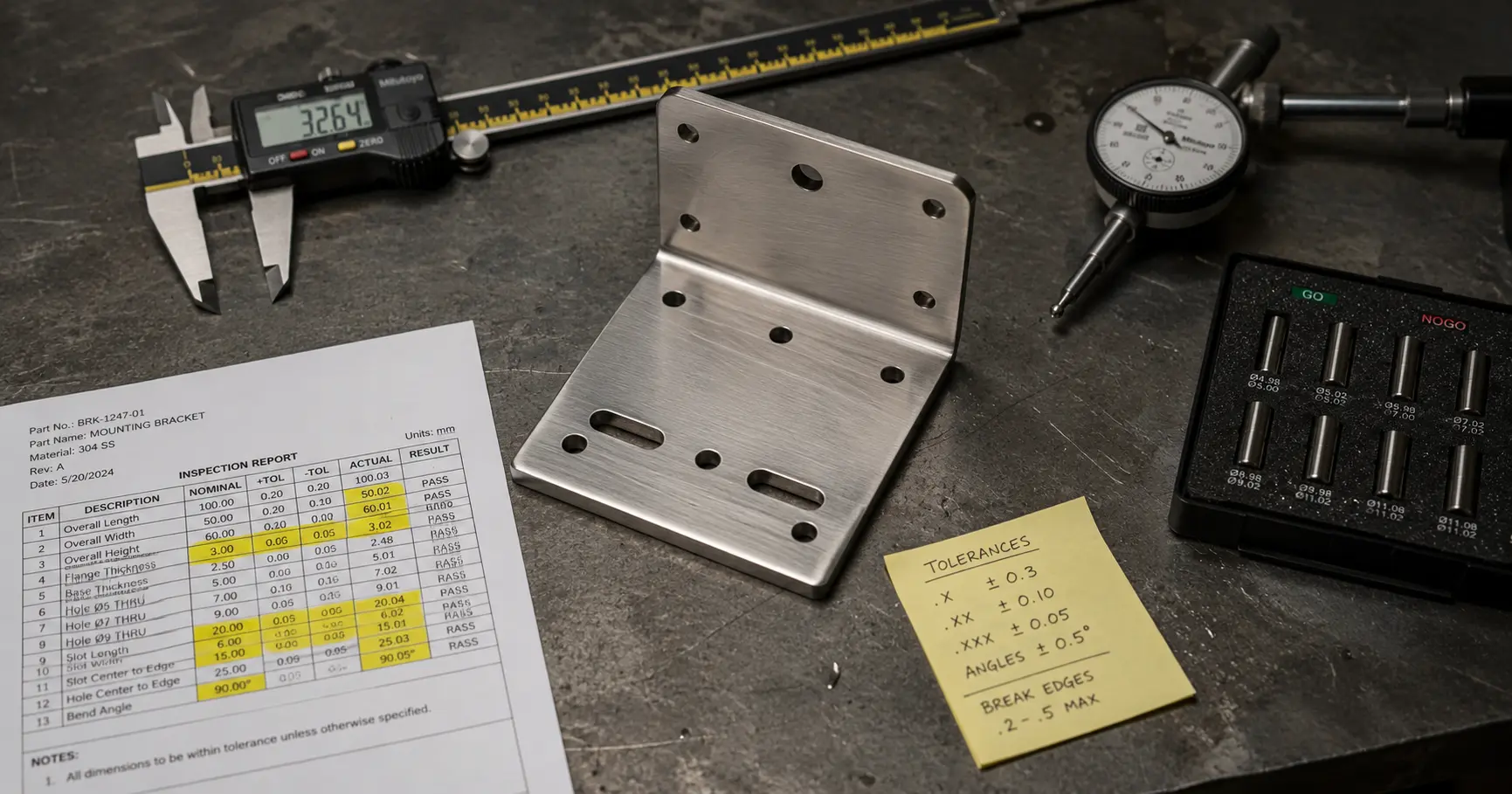 ノギス、ゲージ、寸法報告書に囲まれた検査作業台の上の板金ブラケット