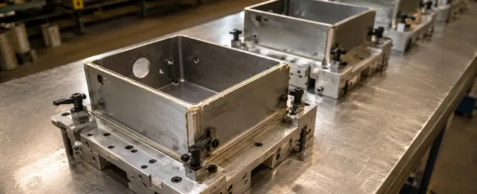 工場フロアで板金アセンブリを治具にクランプした大量生産用接着接合ライン