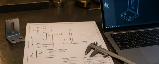 3D CADモデルを表示するノートパソコンとともに金属加工台に置かれた板金ブラケットの技術エンジニアリング図面