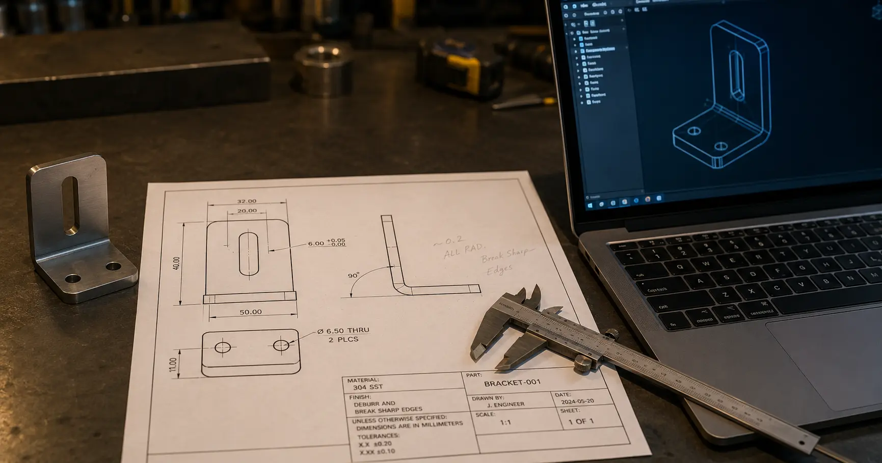 3D CADモデルを表示するノートパソコンとともに金属加工台に置かれた板金ブラケットの技術エンジニアリング図面