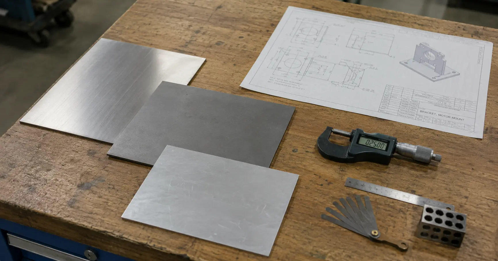 加工工場のテーブル上にある平板な板金パネルと技術仕様書