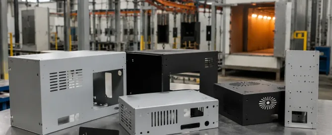 産業用仕上げ工場における粉体塗装された板金筐体