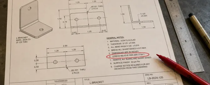熱処理指示注記付きの成形板金ブラケットのエンジニアリング図面