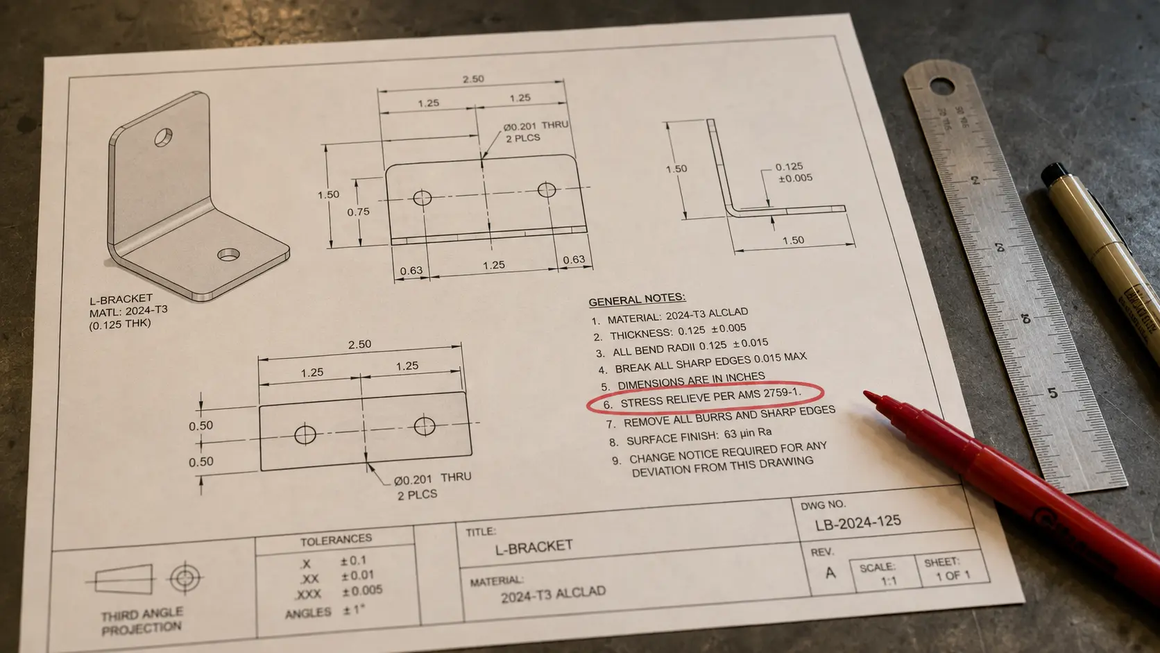 熱処理指示注記付きの成形板金ブラケットのエンジニアリング図面
