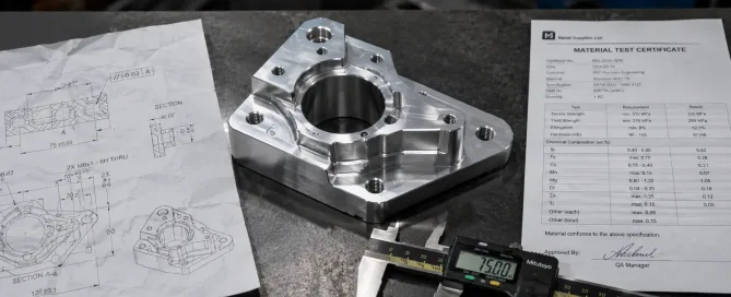 製造品質要件を表す、ノギスとエンジニアリング図面とともに検査台に置かれた精密機械加工金属部品