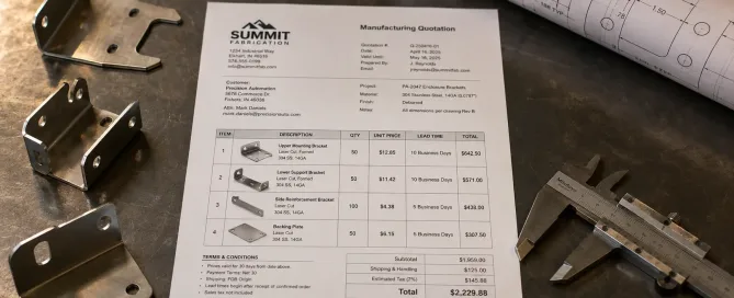 板金加工部品と技術図面の隣の作業台に置かれた印刷された製造見積書