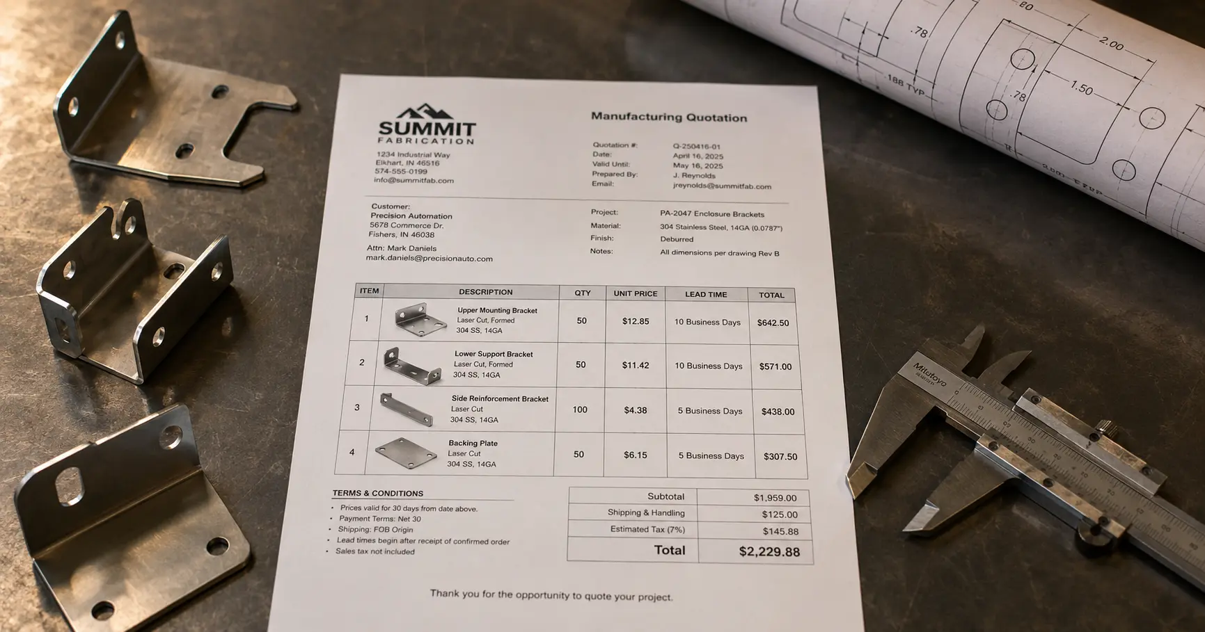 板金加工部品と技術図面の隣の作業台に置かれた印刷された製造見積書