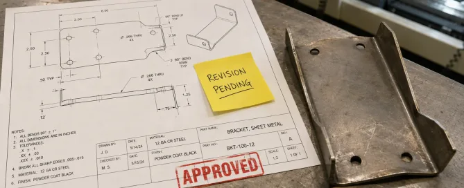 承認スタンプが押された板金エンジニアリング図面と、不一致の加工部品