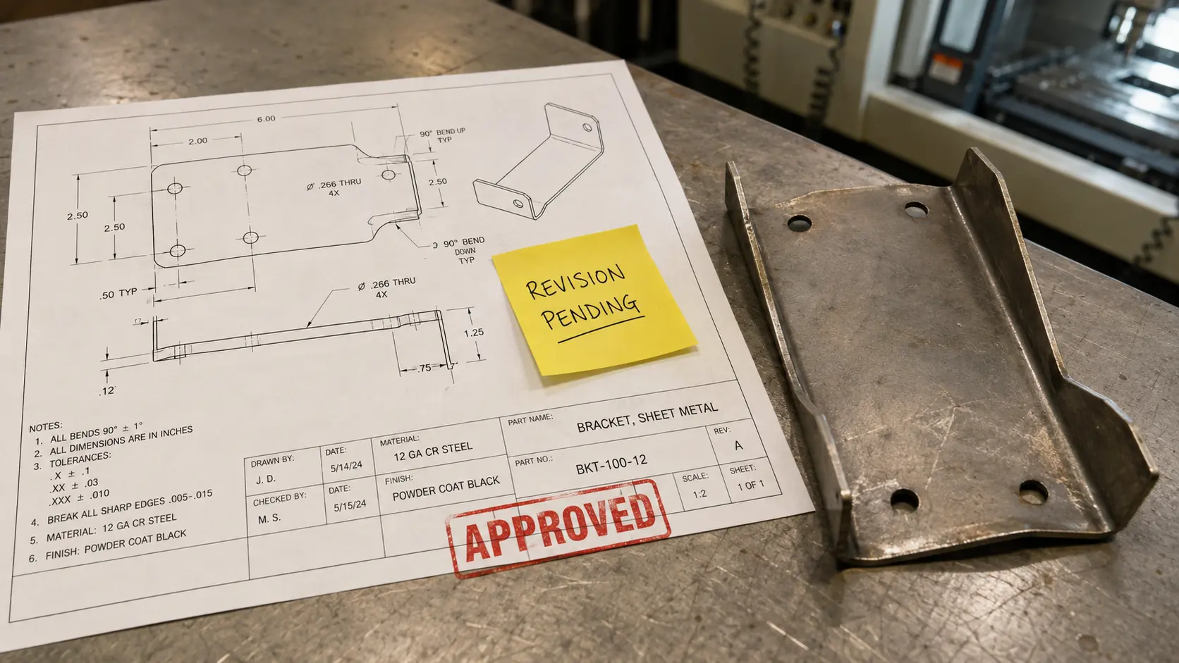 承認スタンプが押された板金エンジニアリング図面と、不一致の加工部品
