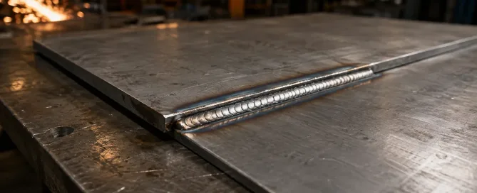 重なり合う鋼板と溶接ビードを示す板金重ね継手溶接のクローズアップ