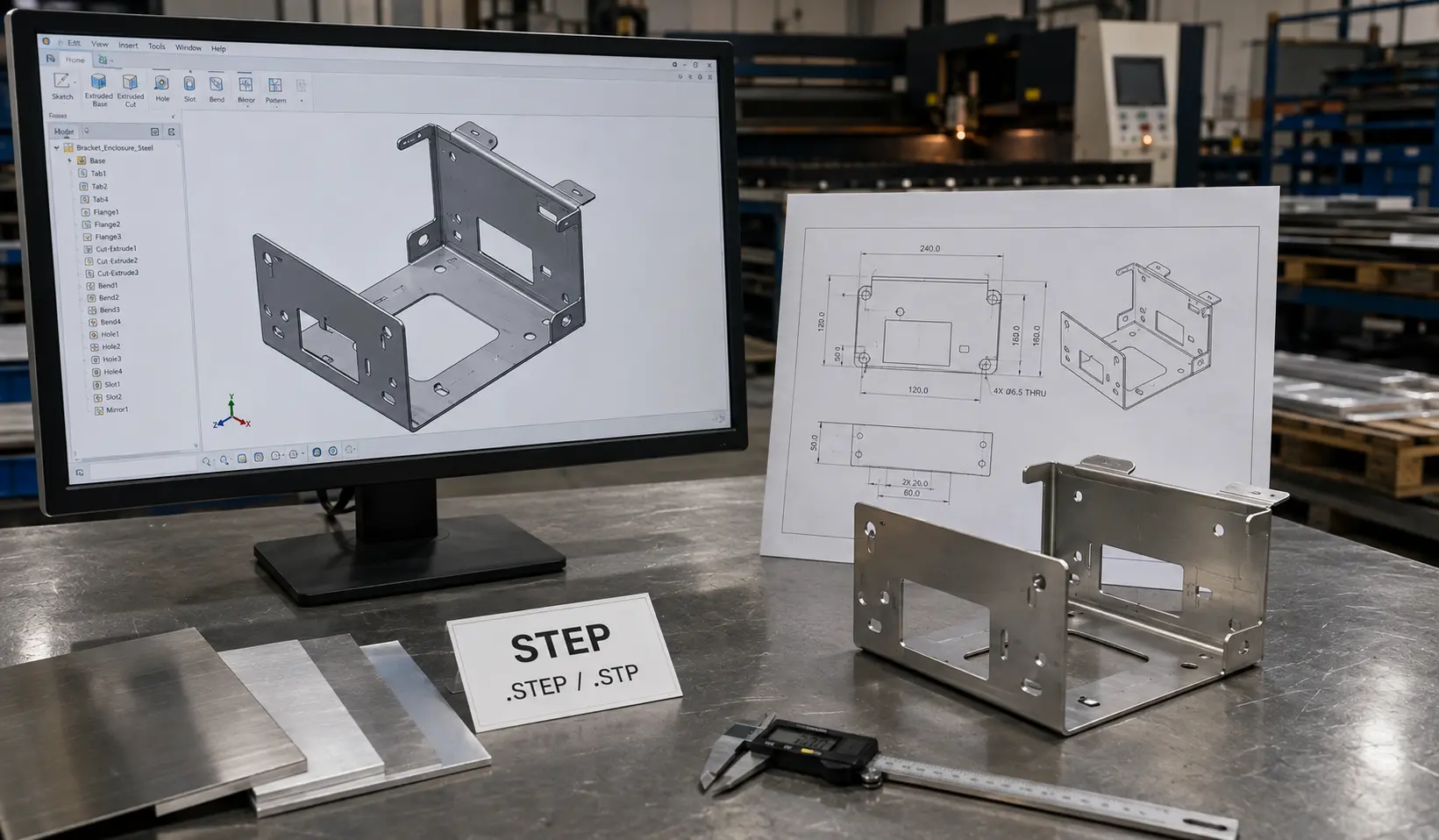 3D CADモデルと加工済み金属部品を備えた板金製造用STEPファイル