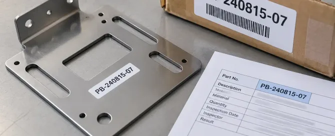 バッチ番号タグで生産バッチとしてグループ化された、ラベル付きの板金部品のカートン