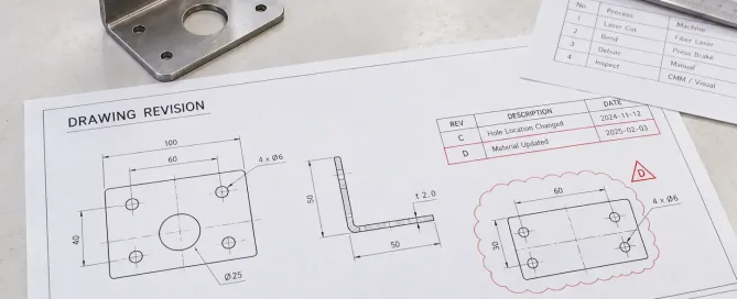 リビジョン表と図面バージョンを示すエンジニアリング図面のリビジョン管理