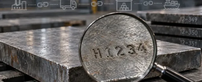 ヒート番号H1234が刻印された鋼板とトレーサビリティに焦点を当てた拡大鏡