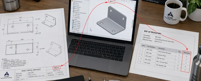 板金加工向けの2D図面、3D CADモデル、BOM文書にわたる統合されたリビジョン管理を示すエンジニアリングワークステーション