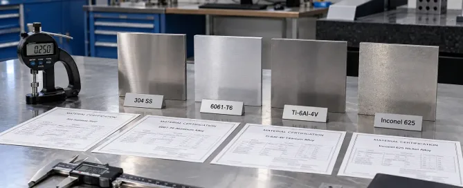 作業台に展示された、異なるグレード、板厚、証明書類を備えた板金材料サンプル