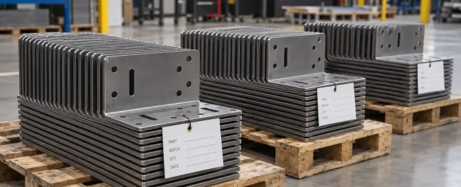 出荷を待つレーザーカットされたシート金属ブラケットのバッチが整然と積み重ねられている様子