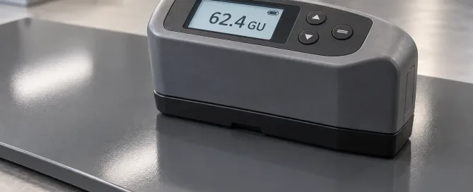 粉体塗装された板金パネルのグロスユニットを測定するグロスメーター